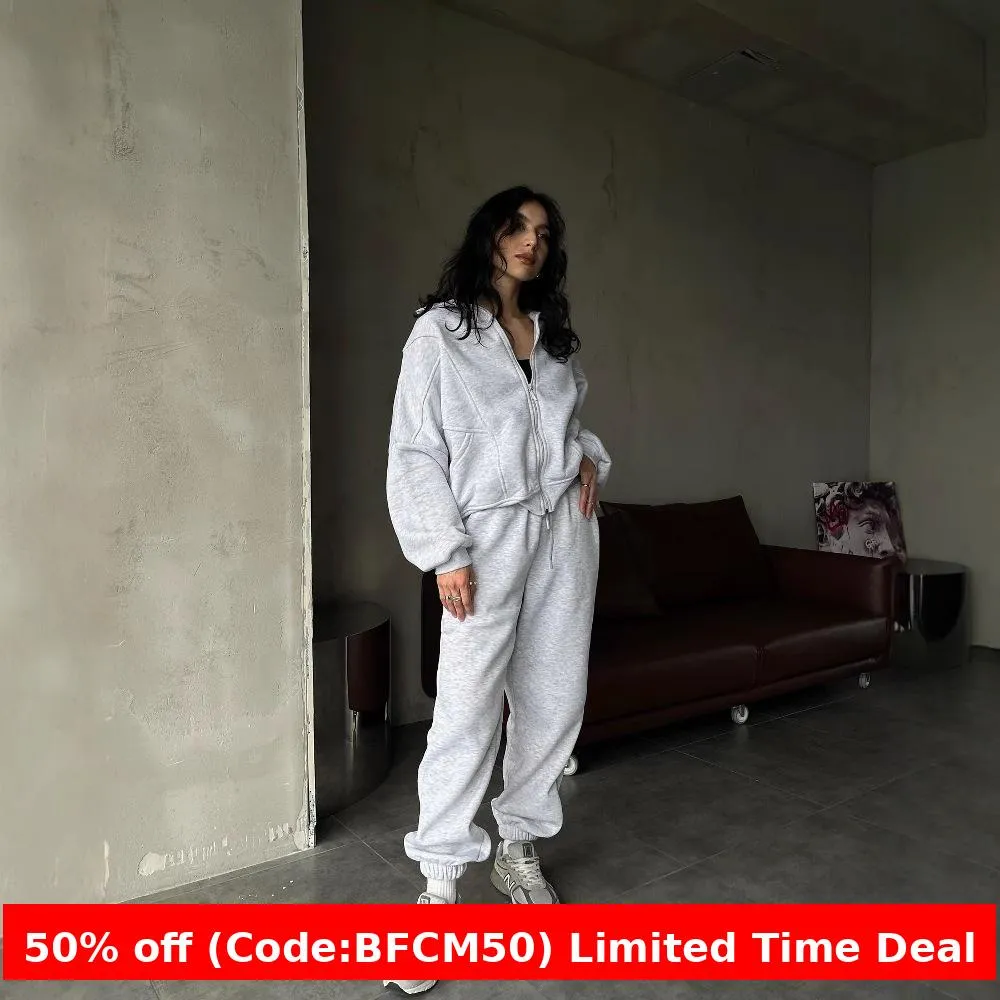 Joskaa winter outfits men Solid Color Simple Long-Sleeved Zipper Cardigan Jacket Drawstring Elastic Casual Pants Suit Two-Piece Set for Women