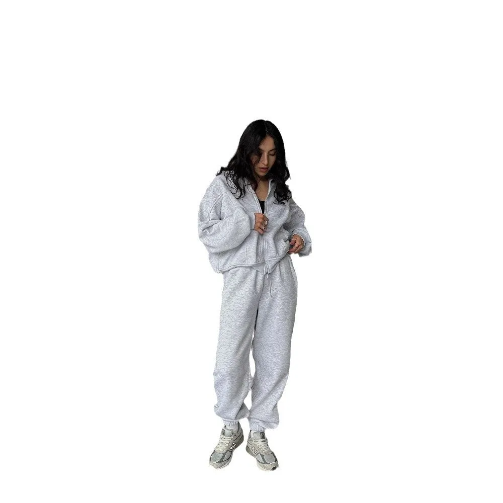 Joskaa winter outfits men Solid Color Simple Long-Sleeved Zipper Cardigan Jacket Drawstring Elastic Casual Pants Suit Two-Piece Set for Women