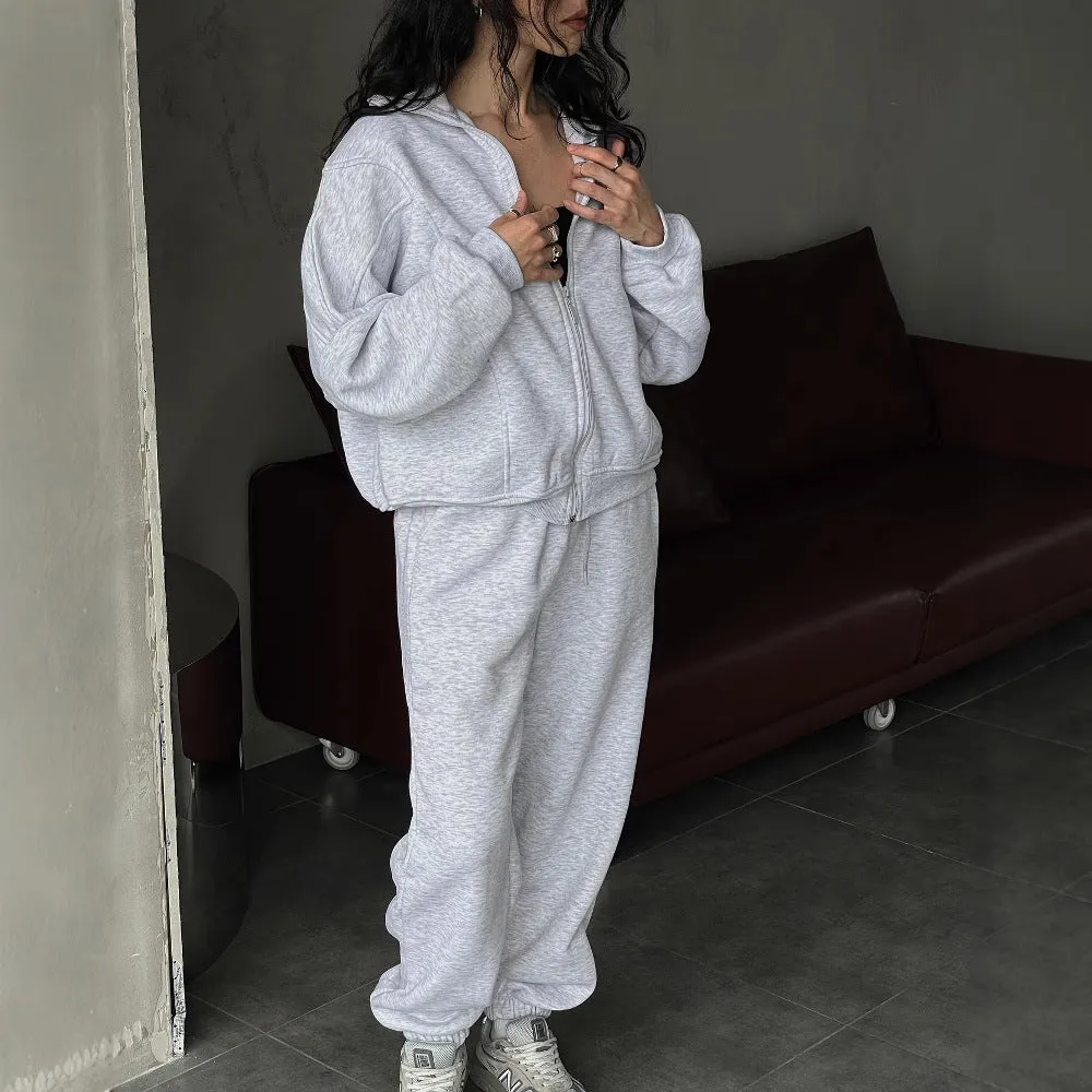 Joskaa winter outfits men Solid Color Simple Long-Sleeved Zipper Cardigan Jacket Drawstring Elastic Casual Pants Suit Two-Piece Set for Women