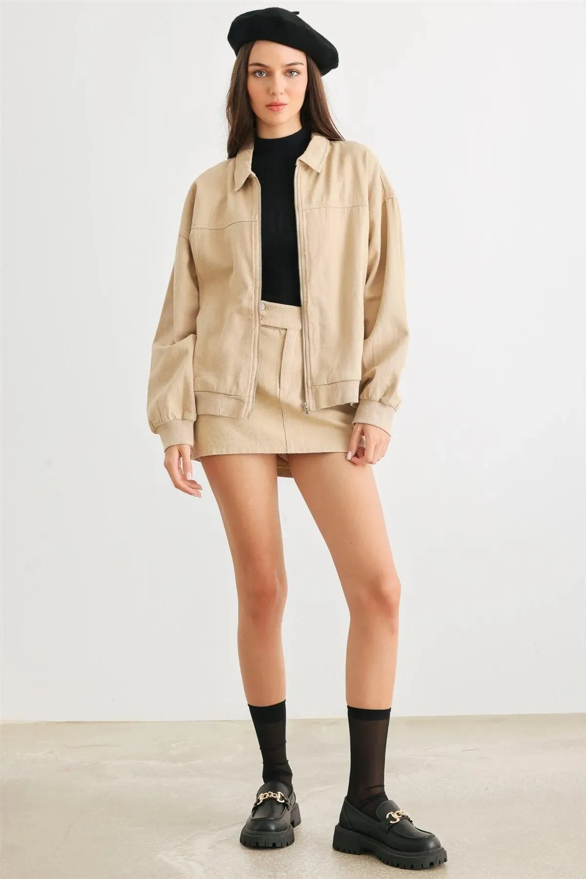 Khaki Cotton Zip-Up Jacket & Mid Rise Mini Skirt Set /1-3-1-1