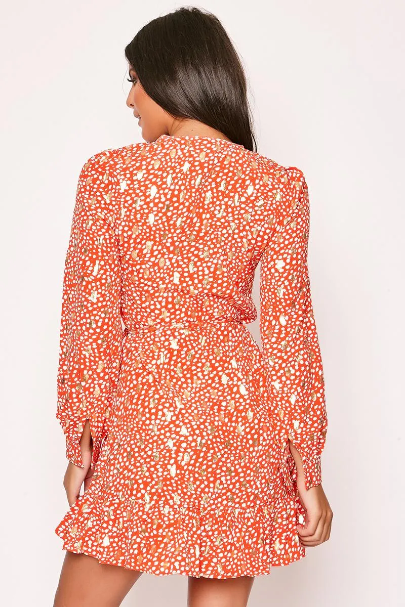 Khloey - Red & Gold Foil Printed Wrap Dress