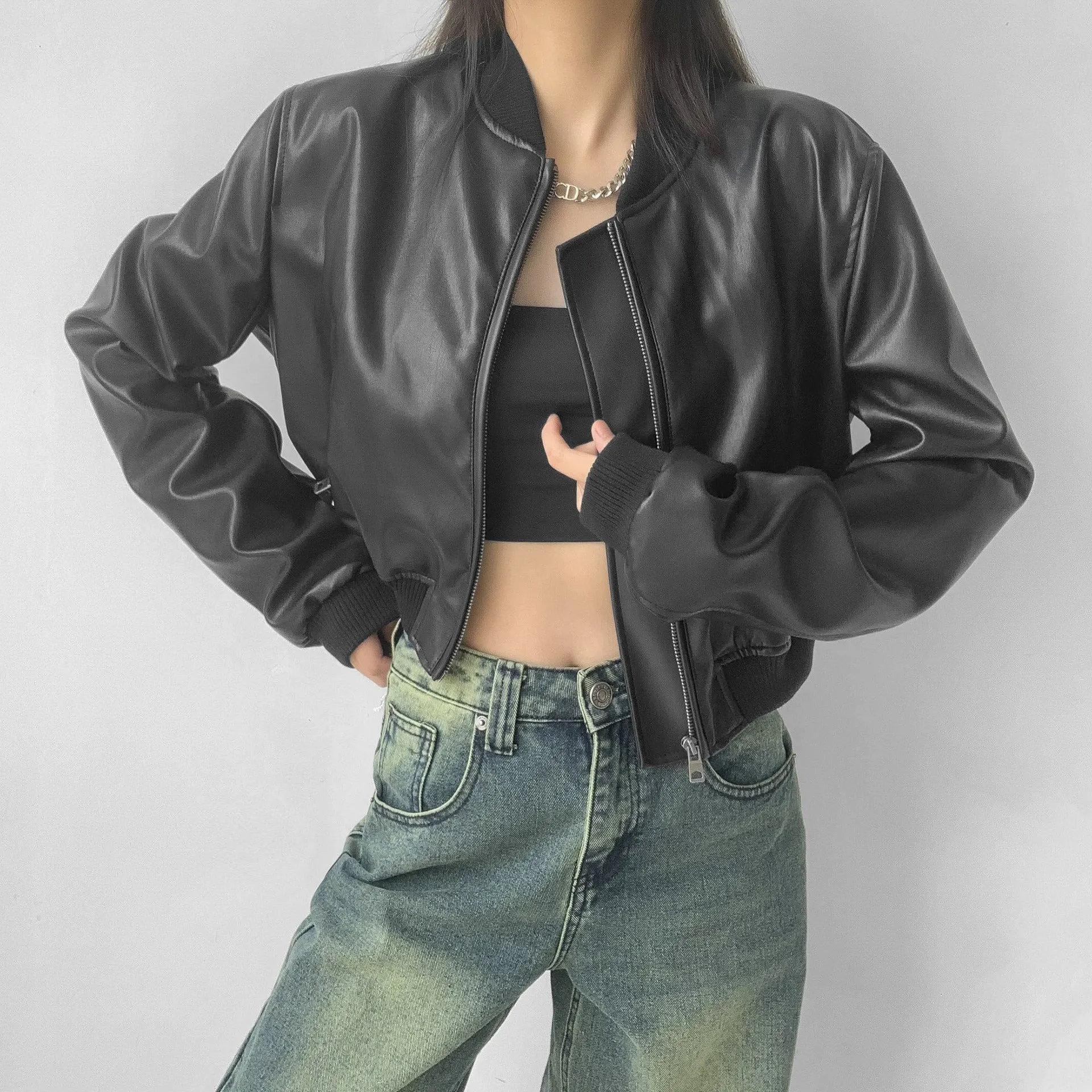 Lanfubeisi 90s fashion Retro PU Leather Women's Autumn New American Hot Girl Motorcycle Style Short Stand Collar Baseball Jacket Jacket
