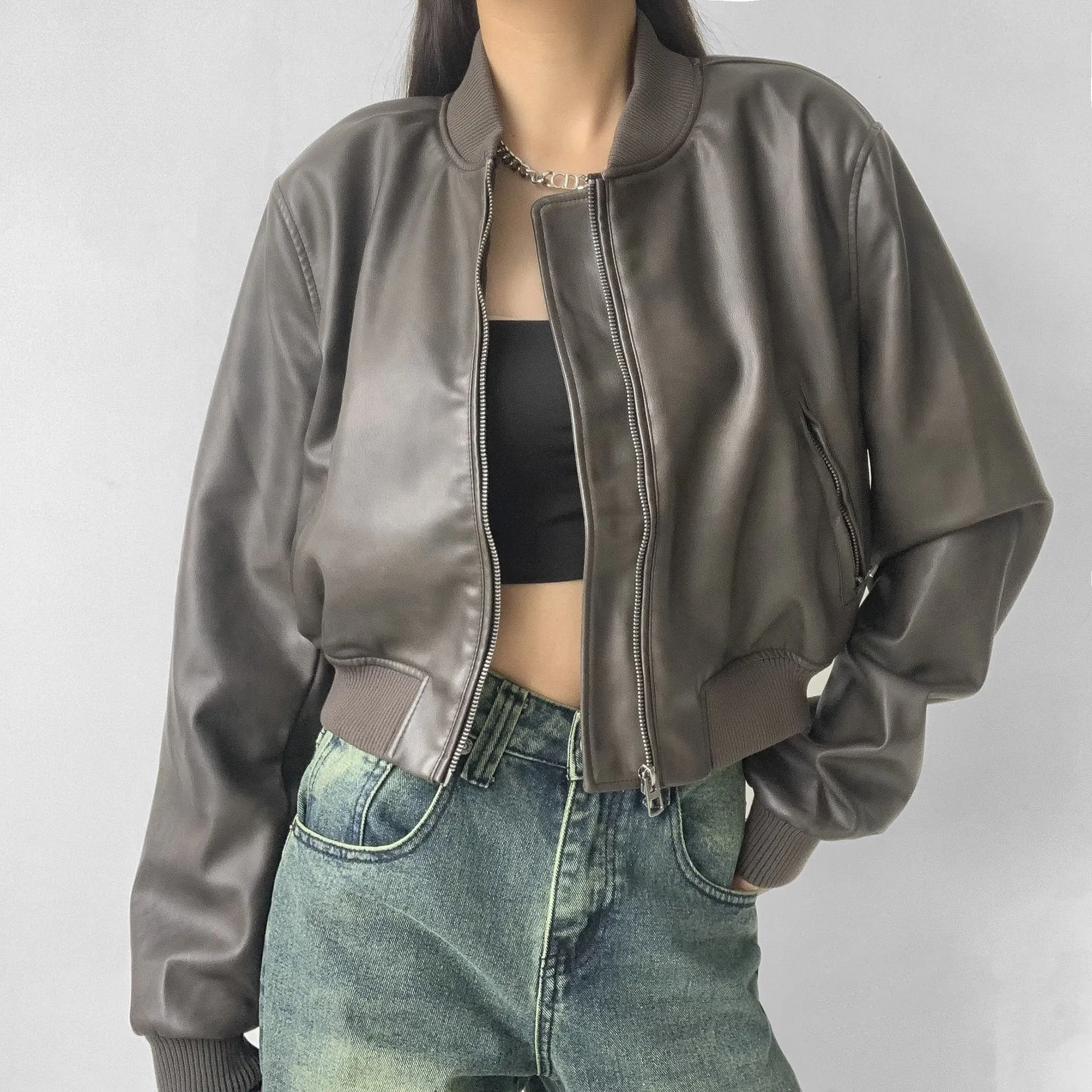 Lanfubeisi 90s fashion Retro PU Leather Women's Autumn New American Hot Girl Motorcycle Style Short Stand Collar Baseball Jacket Jacket