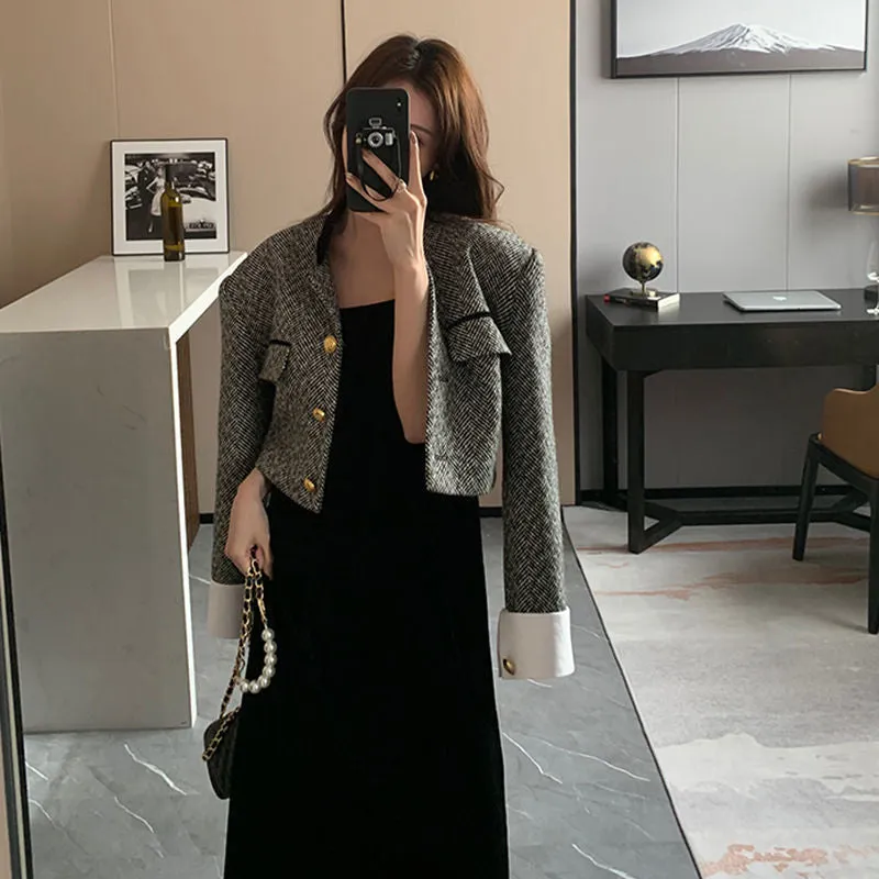 Lanfubeisi joker costume female outfit Black and White Contrast Color Stand Collar French Retro Equestrian Clothing Women's Clothing Spring and Autumn Short Suit Jacket