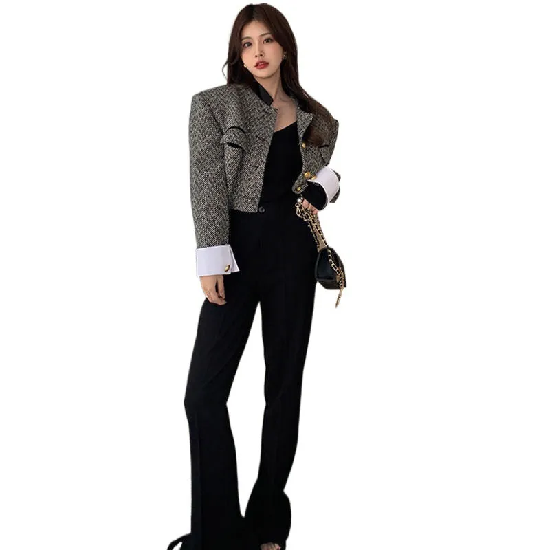 Lanfubeisi joker costume female outfit Black and White Contrast Color Stand Collar French Retro Equestrian Clothing Women's Clothing Spring and Autumn Short Suit Jacket