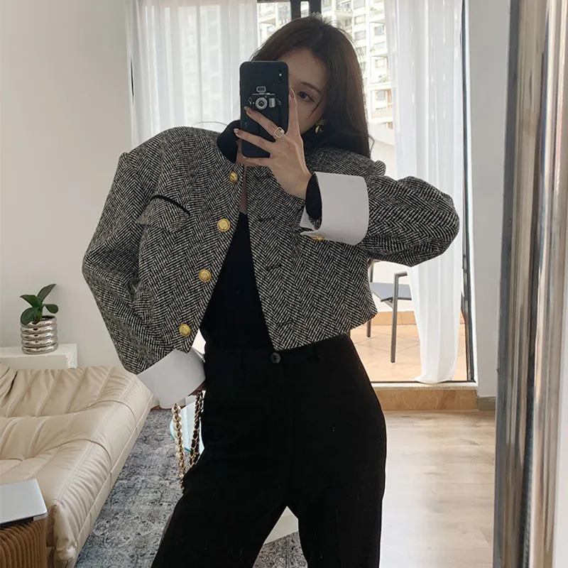 Lanfubeisi joker costume female outfit Black and White Contrast Color Stand Collar French Retro Equestrian Clothing Women's Clothing Spring and Autumn Short Suit Jacket