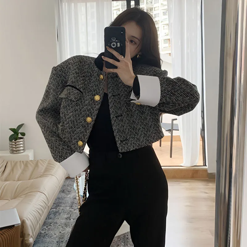 Lanfubeisi joker costume female outfit Black and White Contrast Color Stand Collar French Retro Equestrian Clothing Women's Clothing Spring and Autumn Short Suit Jacket