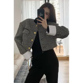Lanfubeisi joker costume female outfit Black and White Contrast Color Stand Collar French Retro Equestrian Clothing Women's Clothing Spring and Autumn Short Suit Jacket