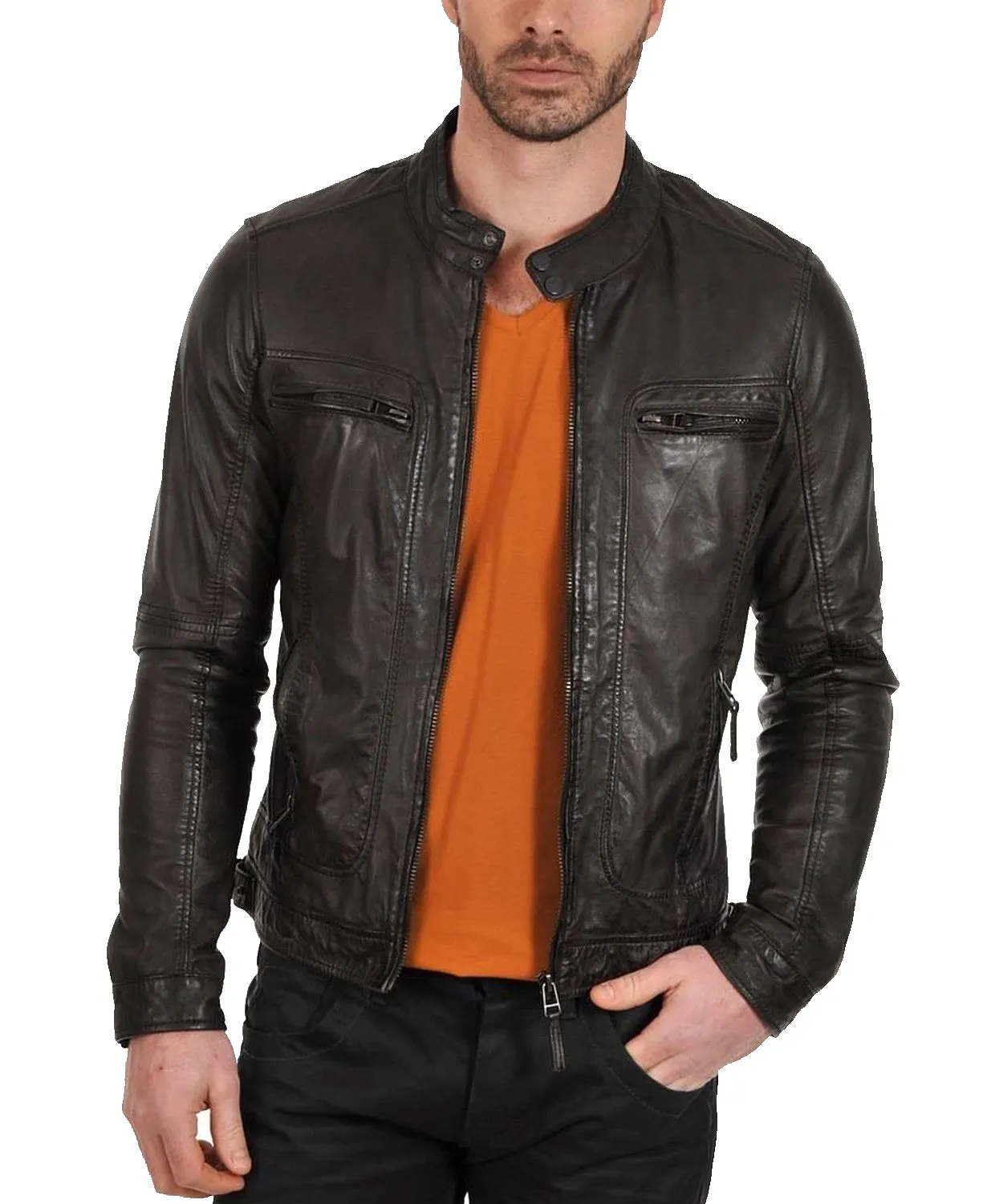 Leather Jackets Hub Mens Genuine Lambskin Leather Jacket (Black, Classic Jacket) - 1501196
