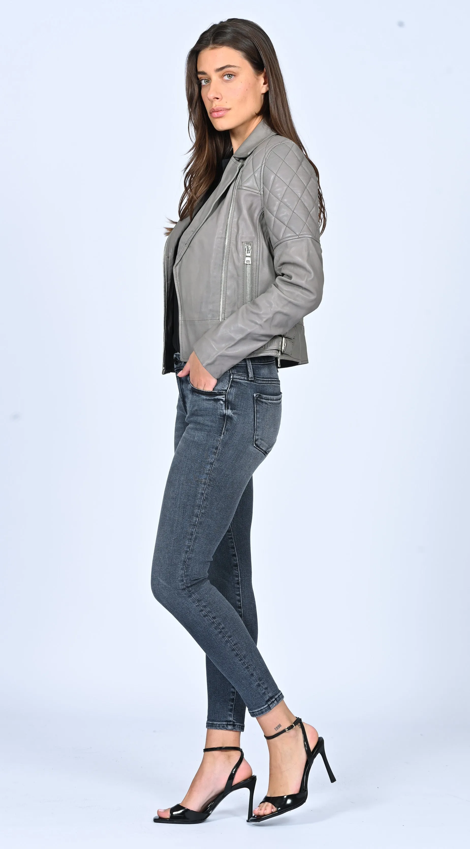 Leather Motorcycle Jacket - Rock Grey