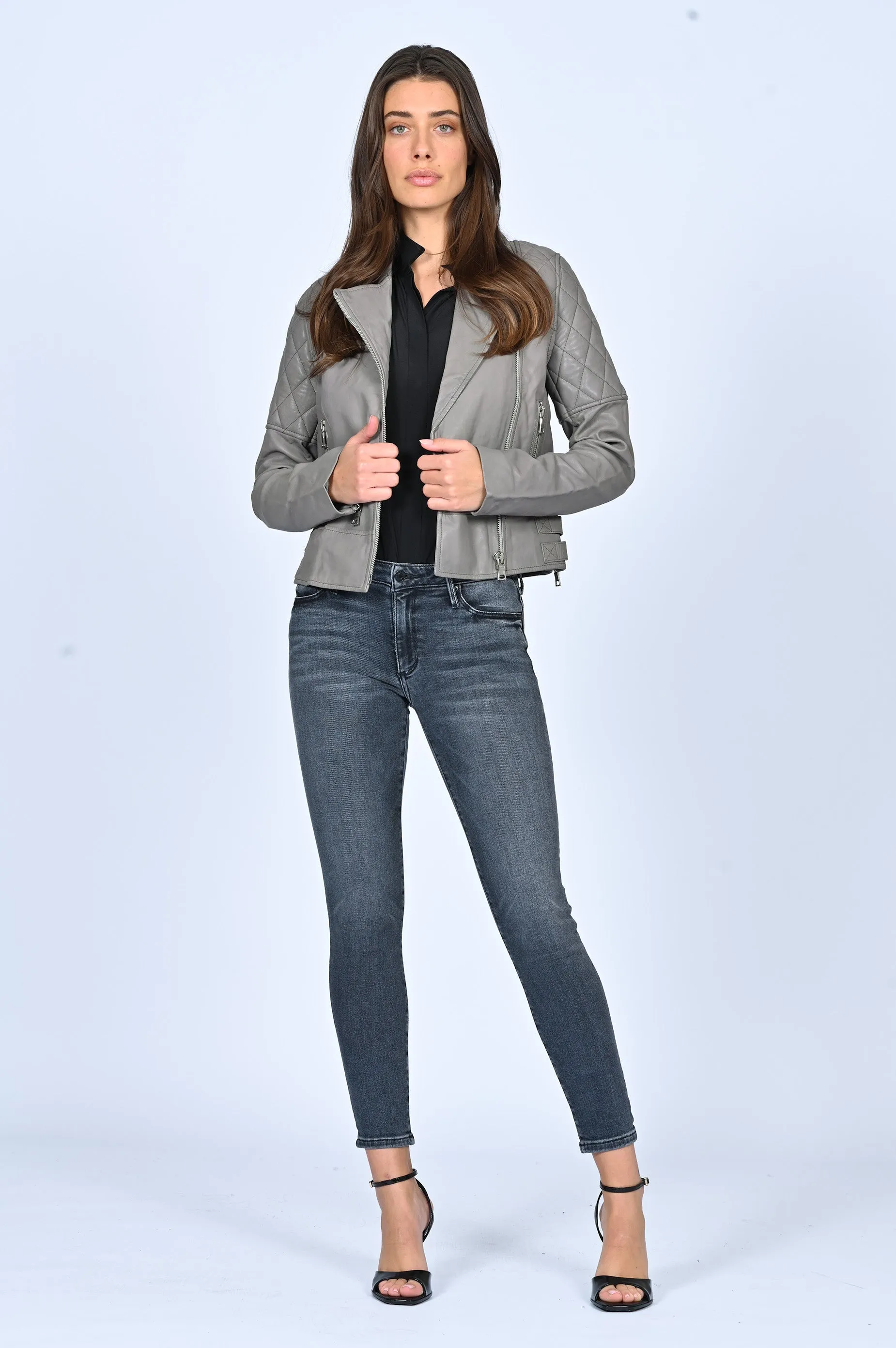 Leather Motorcycle Jacket - Rock Grey