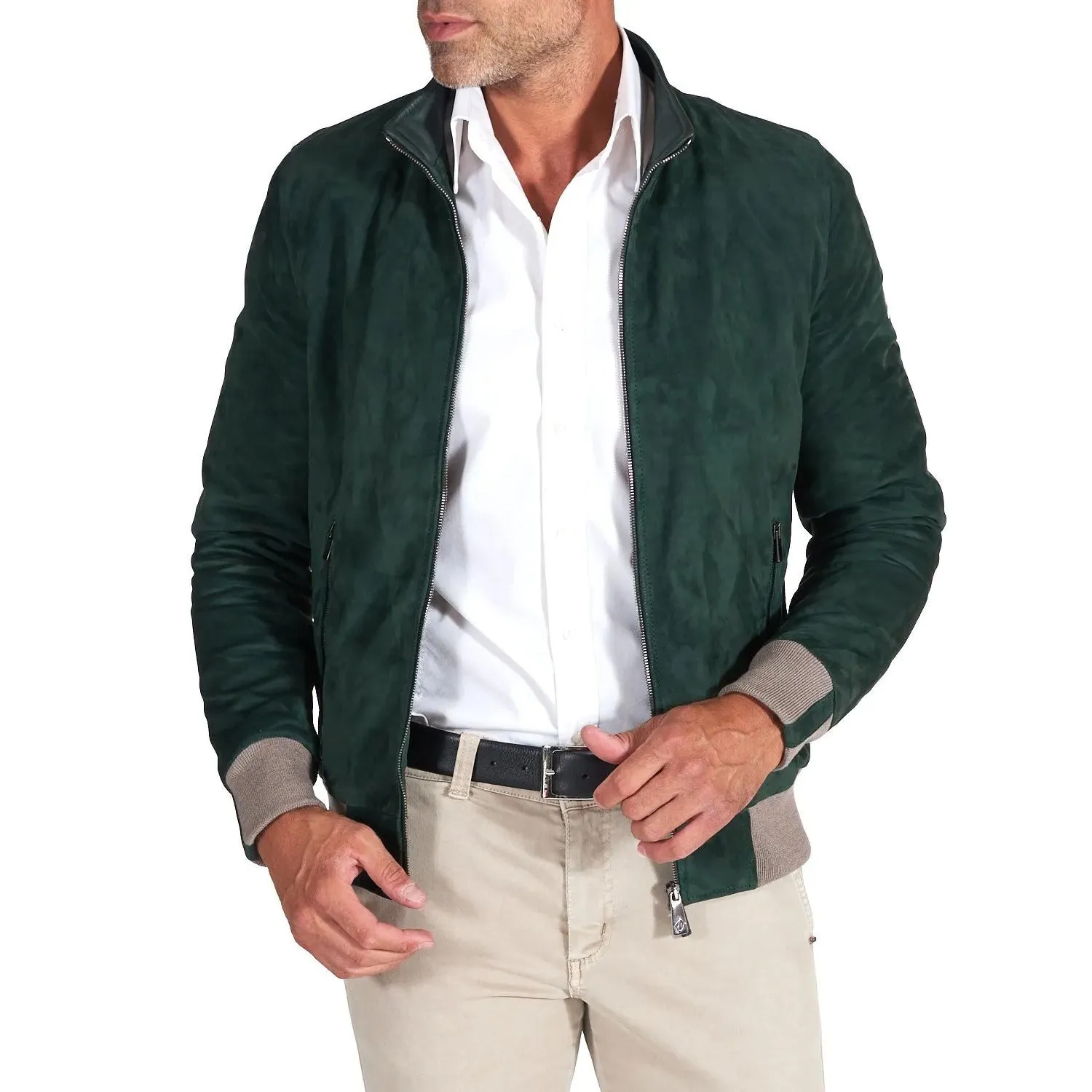 MCKINNON Suede Leather Zip Bomber Jacket GREEN REG