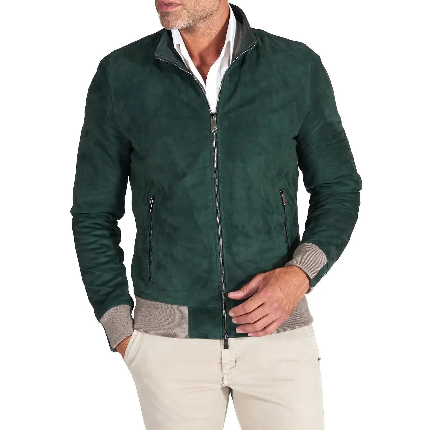 MCKINNON Suede Leather Zip Bomber Jacket GREEN REG