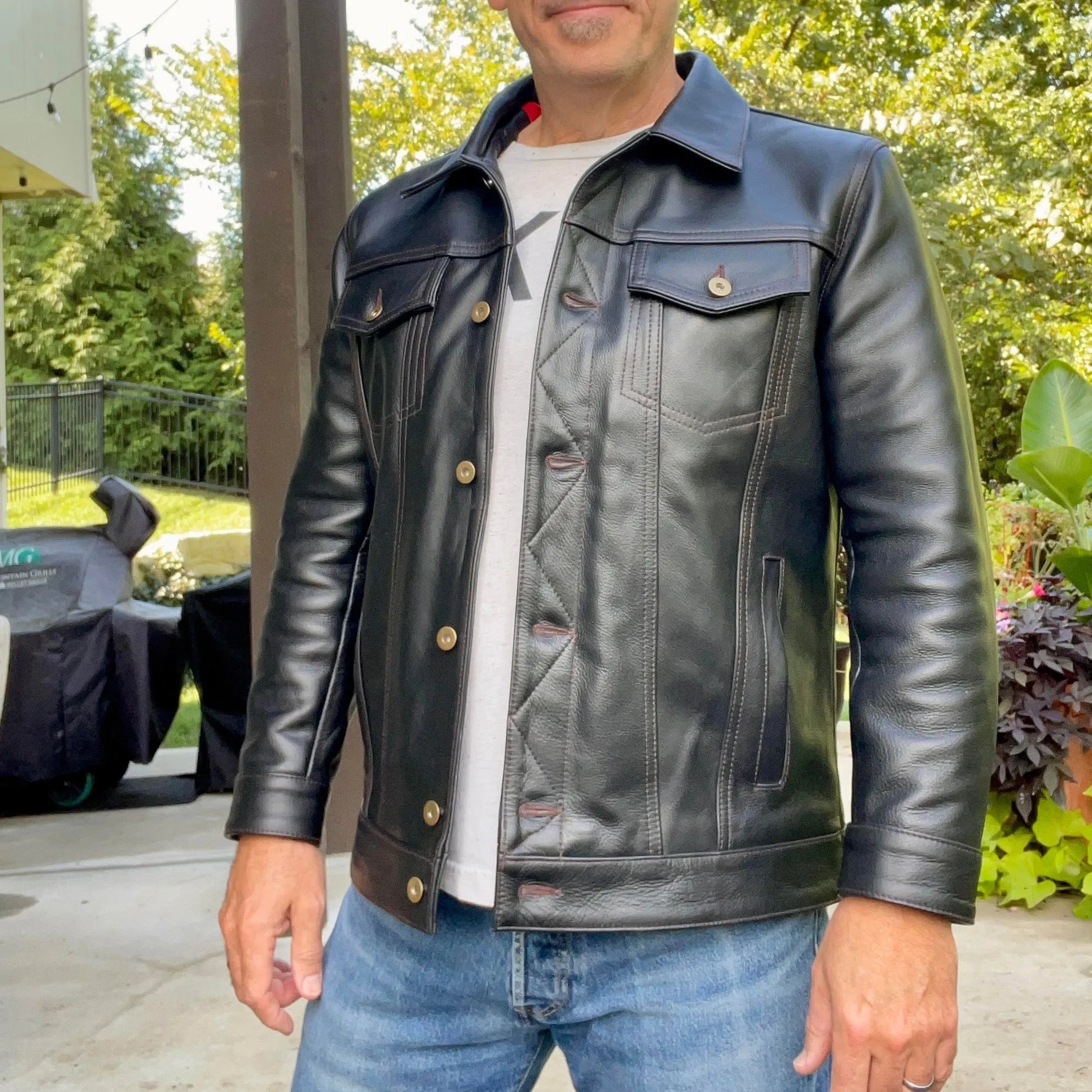 Men Trucker Real Horsehide Leather Classic Western Denim Style Leather Jacket