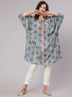 Multi Color Mirror Work Embroidered Georgette Kaftan With Tassels And Slip, Cotton White Regular Fit Trousers