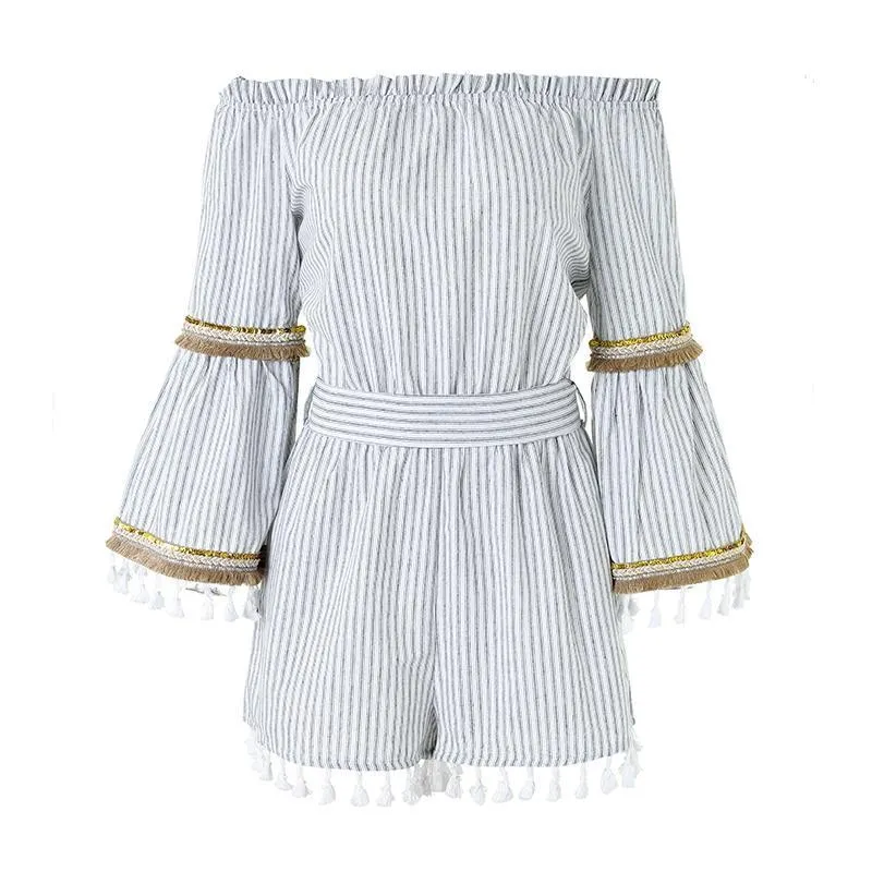 National Boho Stripe Tassel Jumpsuit Romper
