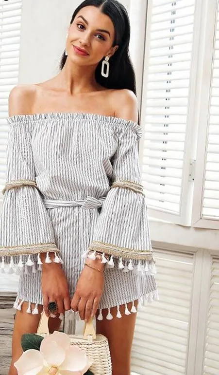 National Boho Stripe Tassel Jumpsuit Romper