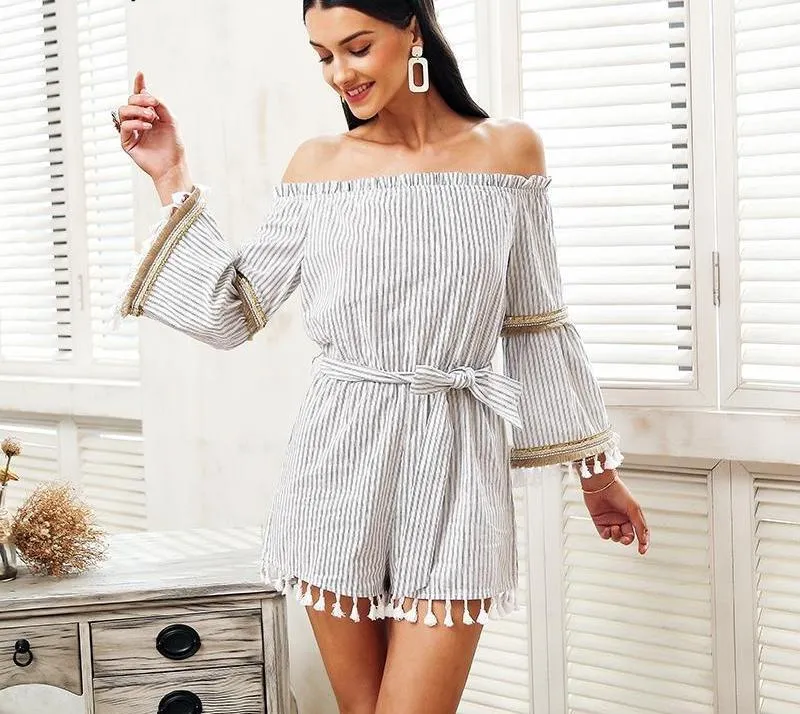 National Boho Stripe Tassel Jumpsuit Romper