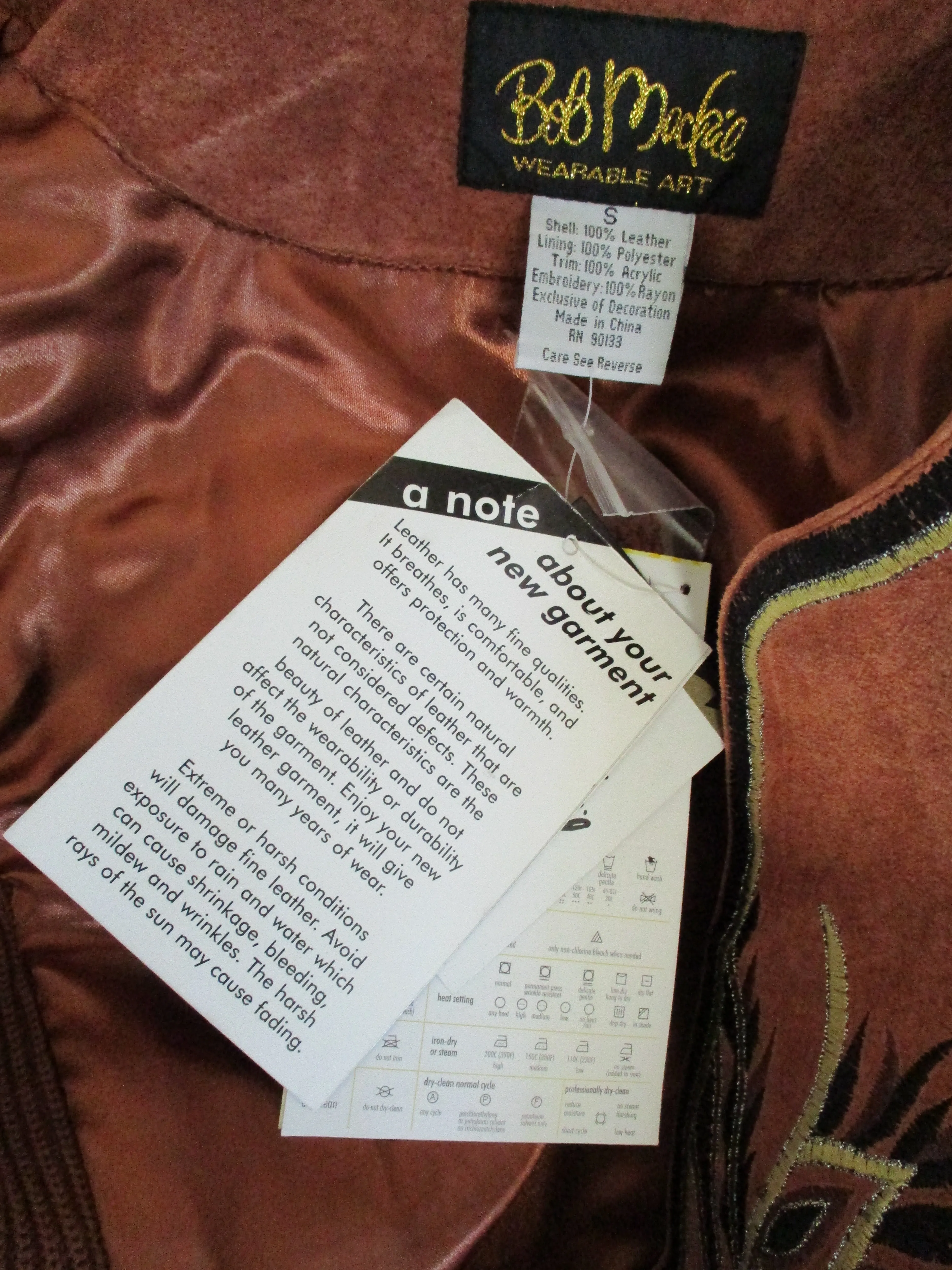 NWT NEW BOB MACKIE WEARABLE ART LEATHER Embroidered VEST S Boho Hippie Western BROWN