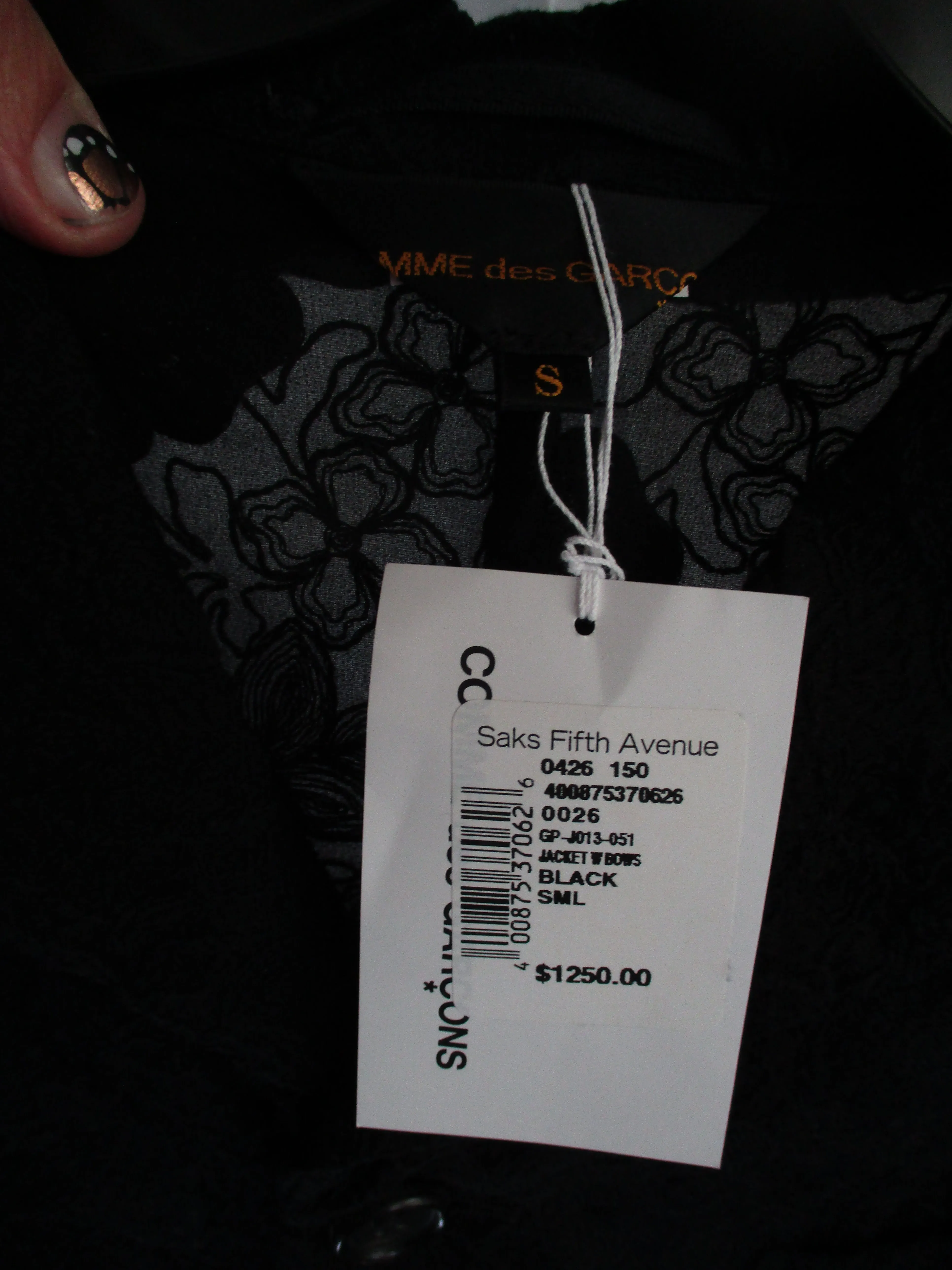 NWT NEW COMME DES GARCONS JACKET WITH BOWS S Boho Textured BLACK