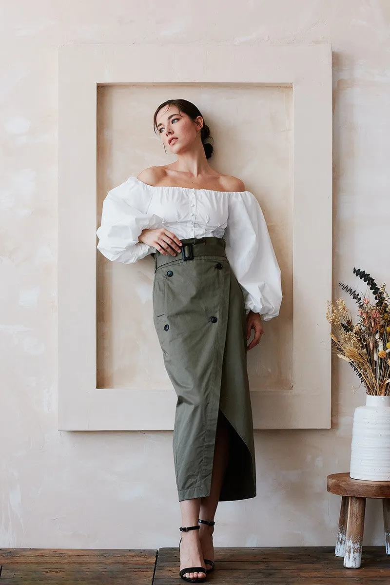 Olive Whisper High Waisted Wrap Midi Skirt