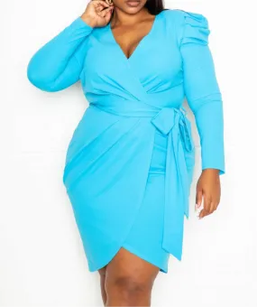 Padded Shoulder Wrap Midi Dress