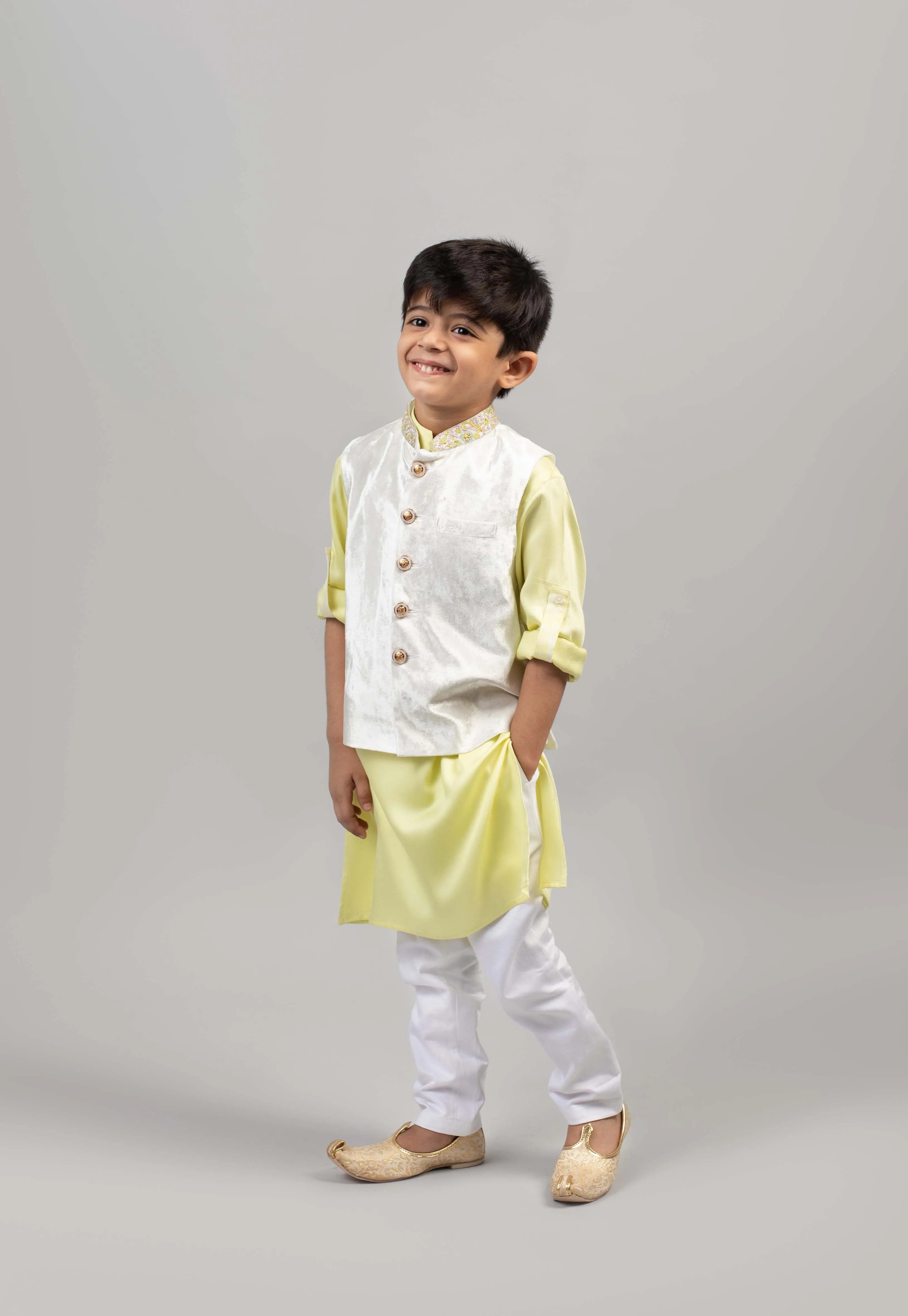 Pre-Order: Off-White Pista Green Bandhgala Set