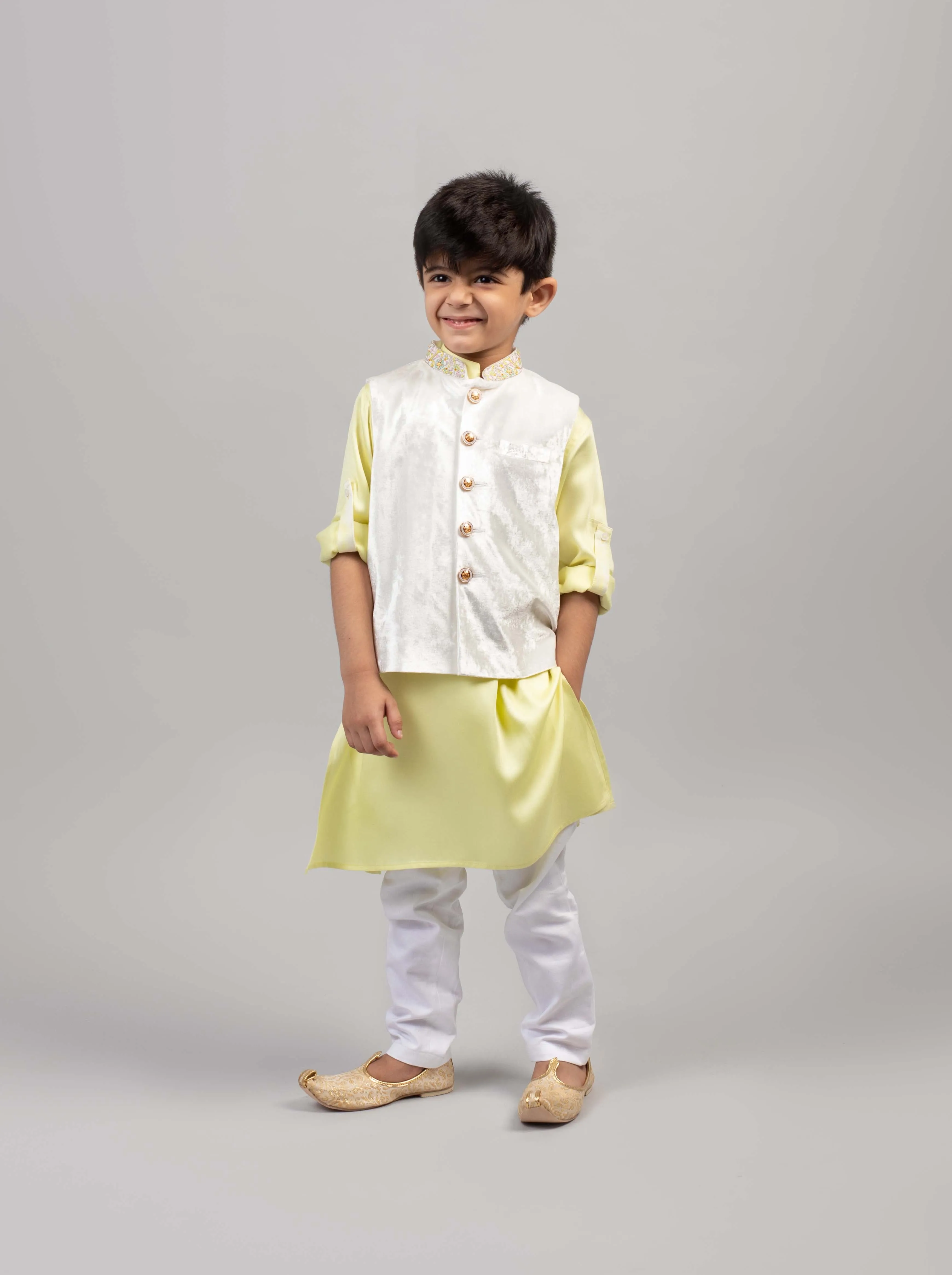 Pre-Order: Off-White Pista Green Bandhgala Set