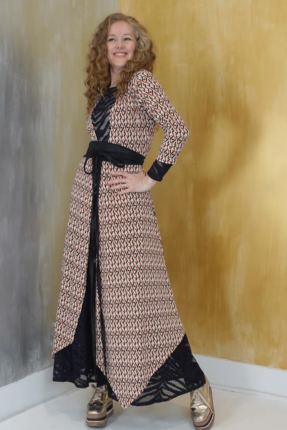 Red Geometric Print Wrap Dress