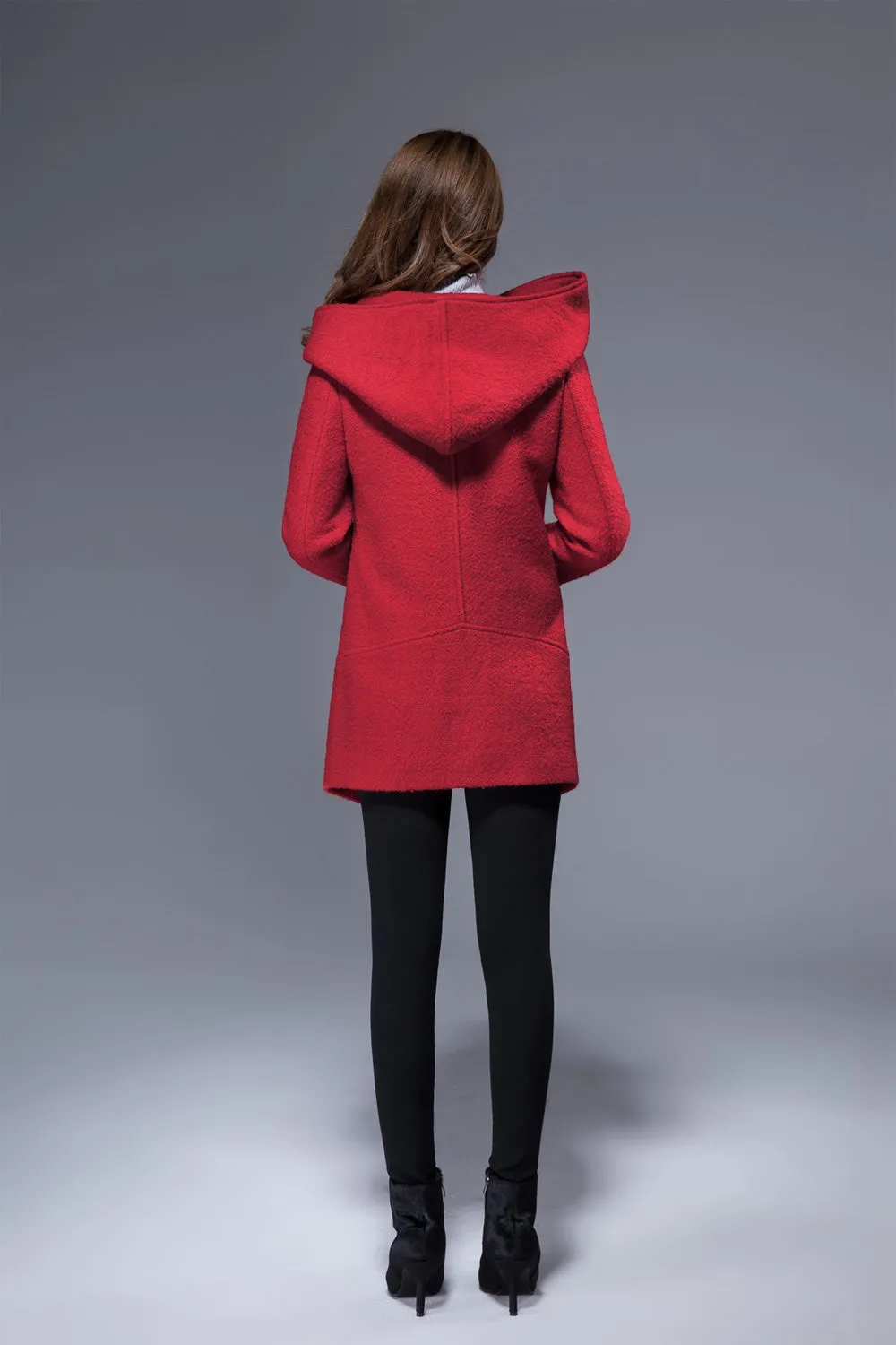 red pea coat with cowl neck winter hooded coat 1829