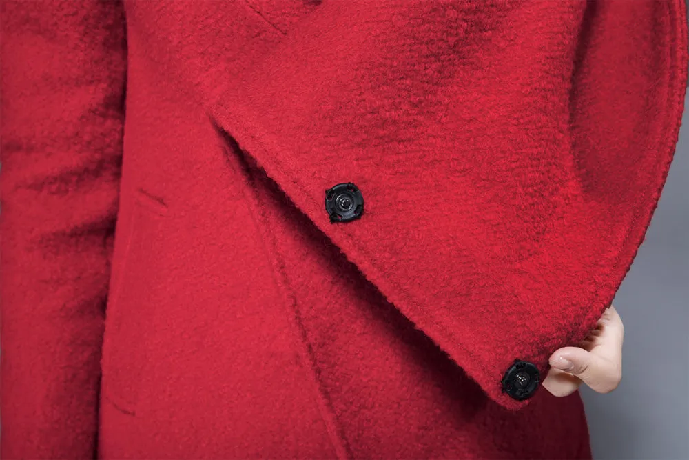 red pea coat with cowl neck winter hooded coat 1829