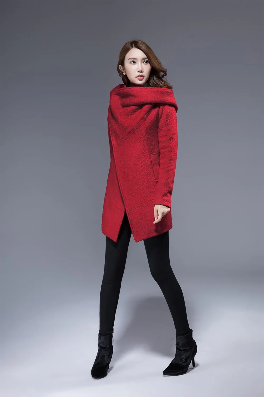 red pea coat with cowl neck winter hooded coat 1829