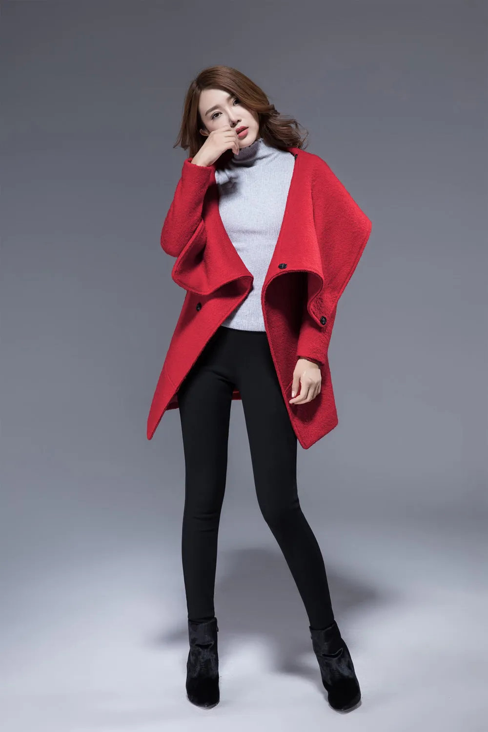 red pea coat with cowl neck winter hooded coat 1829