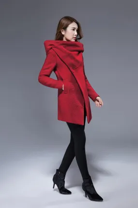 red pea coat with cowl neck winter hooded coat 1829