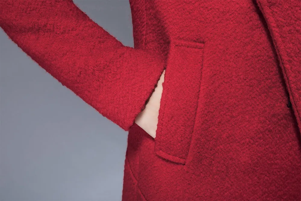 red pea coat with cowl neck winter hooded coat 1829