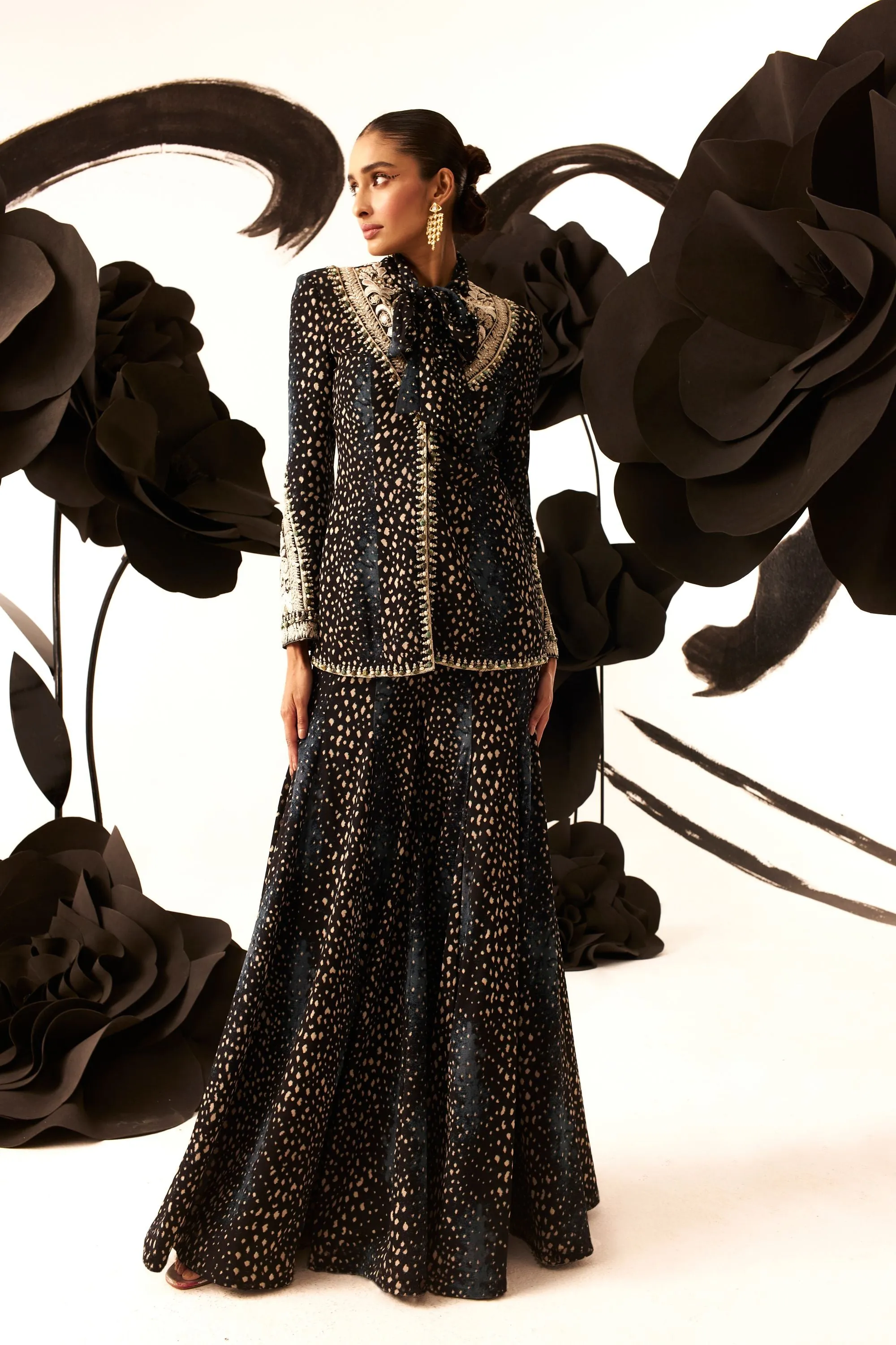 Rosette Embroidered Bow Jacket & Sharara Set