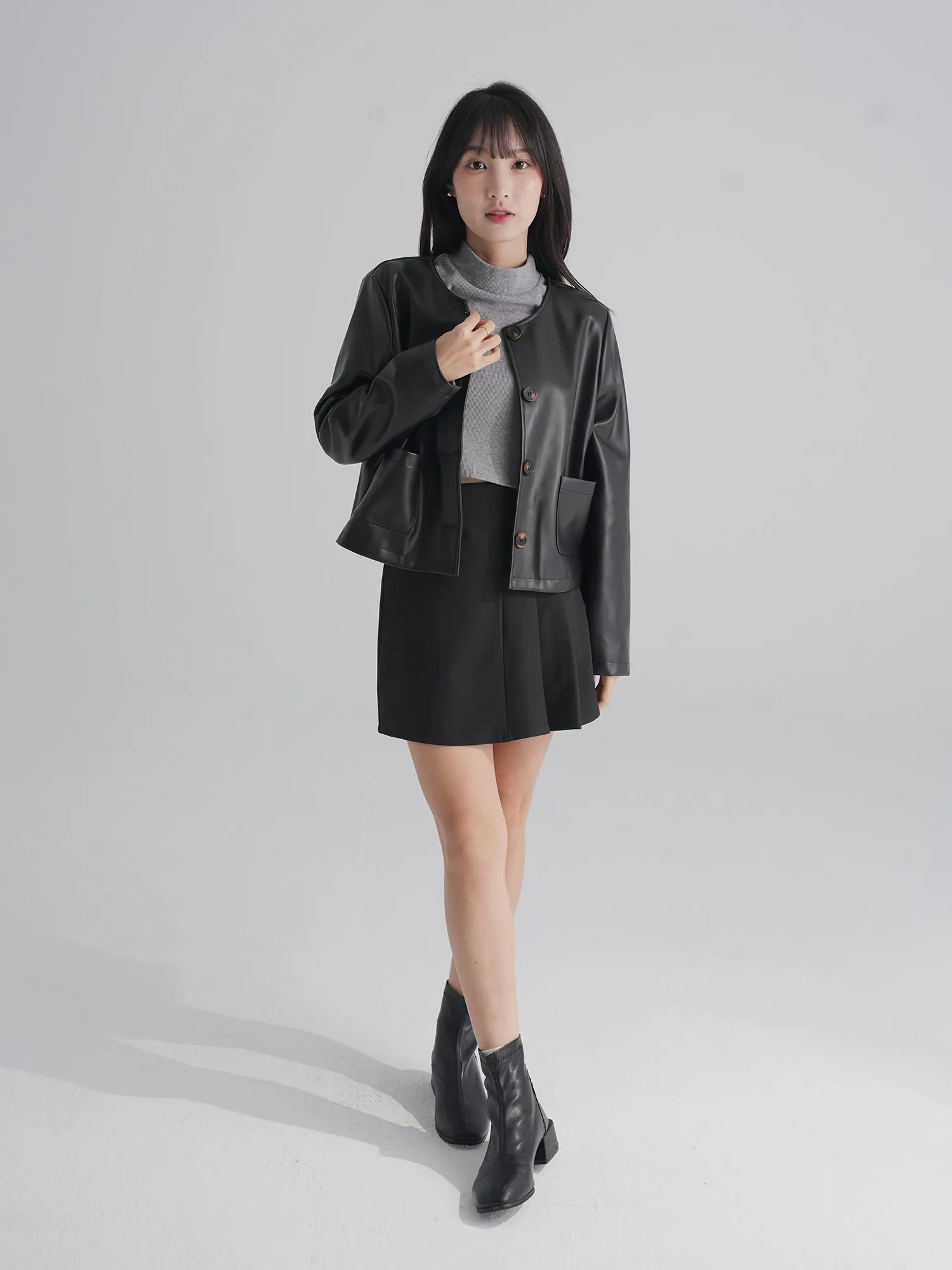 Rosie Round Neck Vegan Leather Jacket
