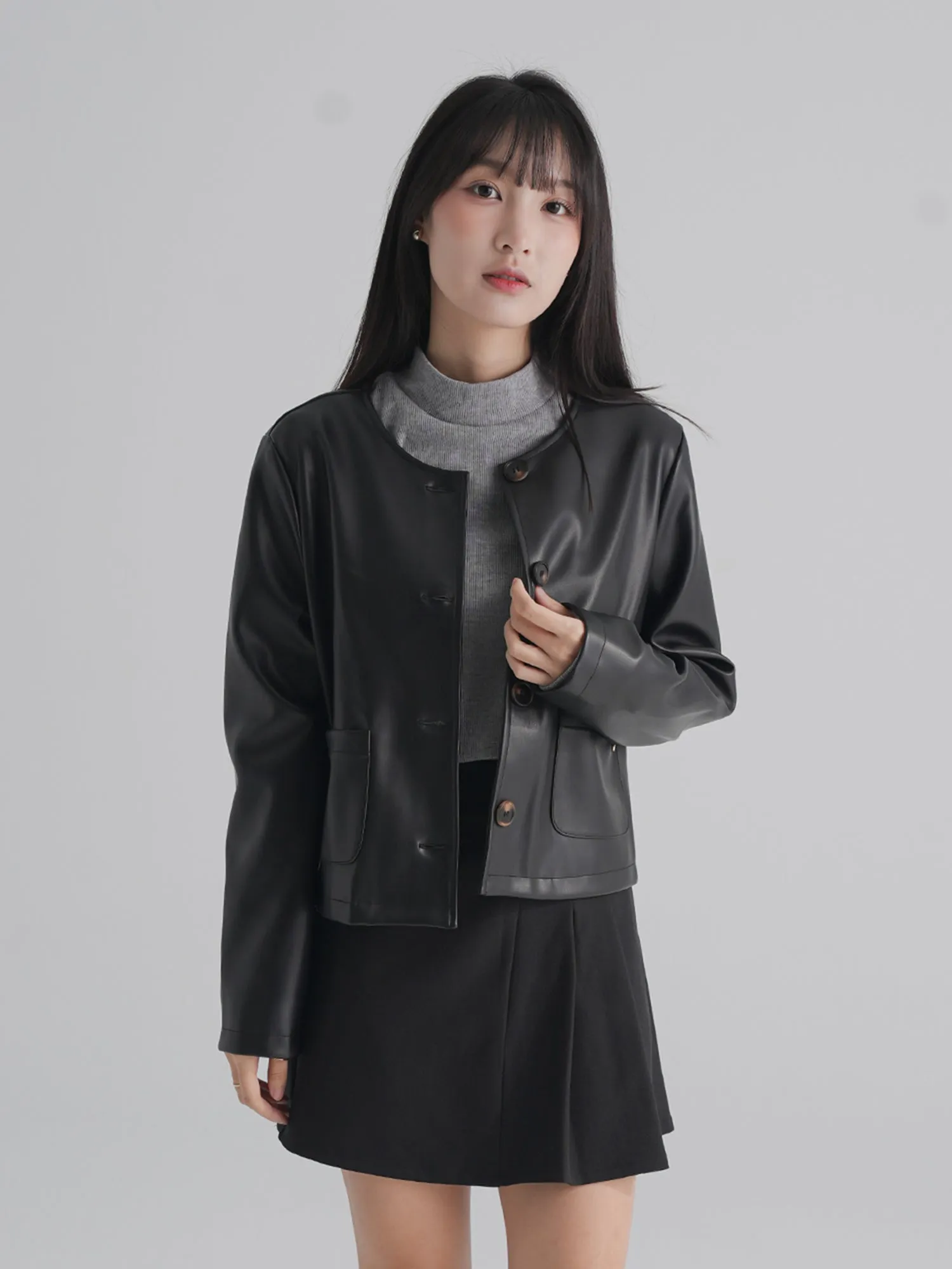 Rosie Round Neck Vegan Leather Jacket