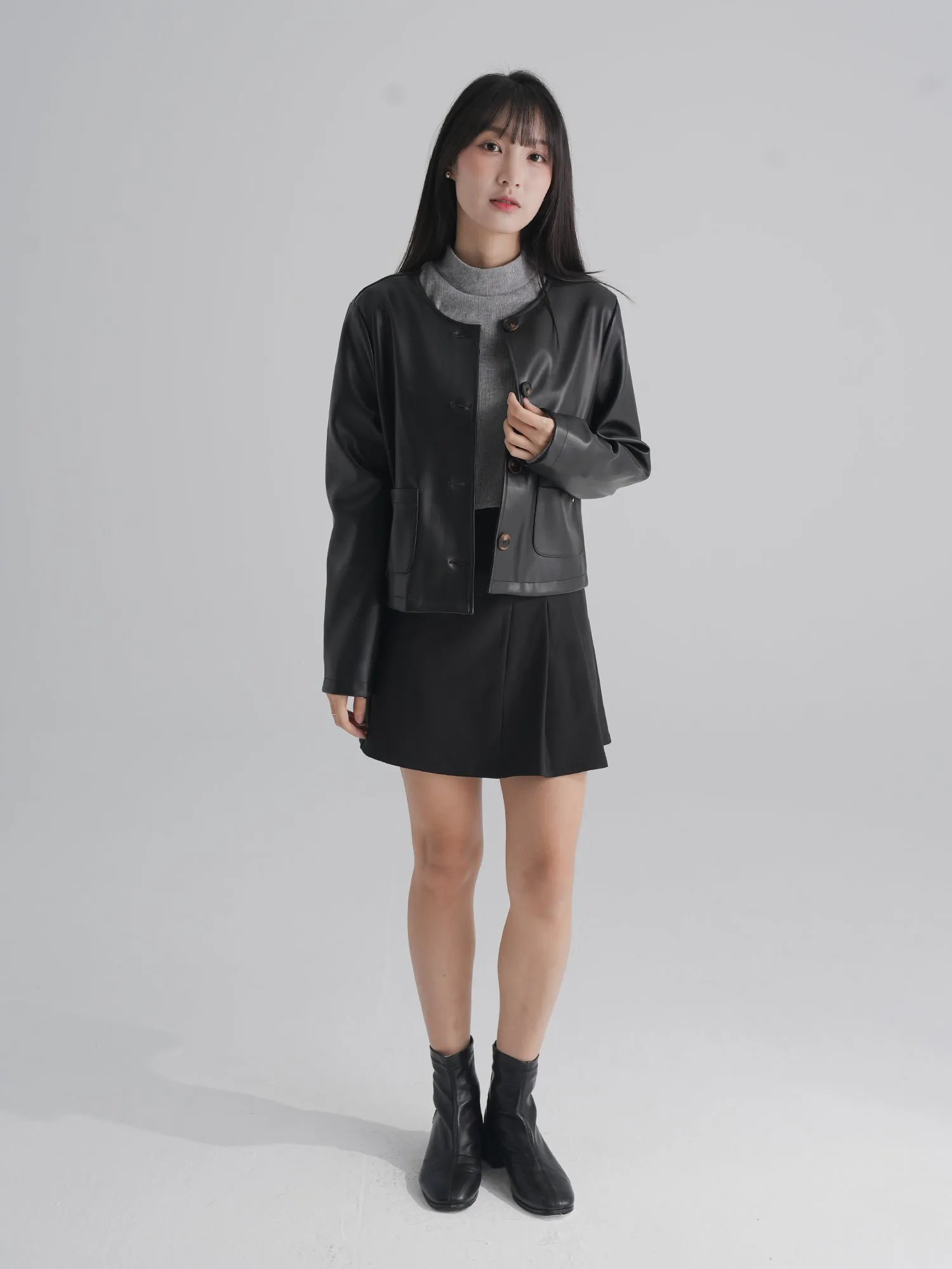 Rosie Round Neck Vegan Leather Jacket
