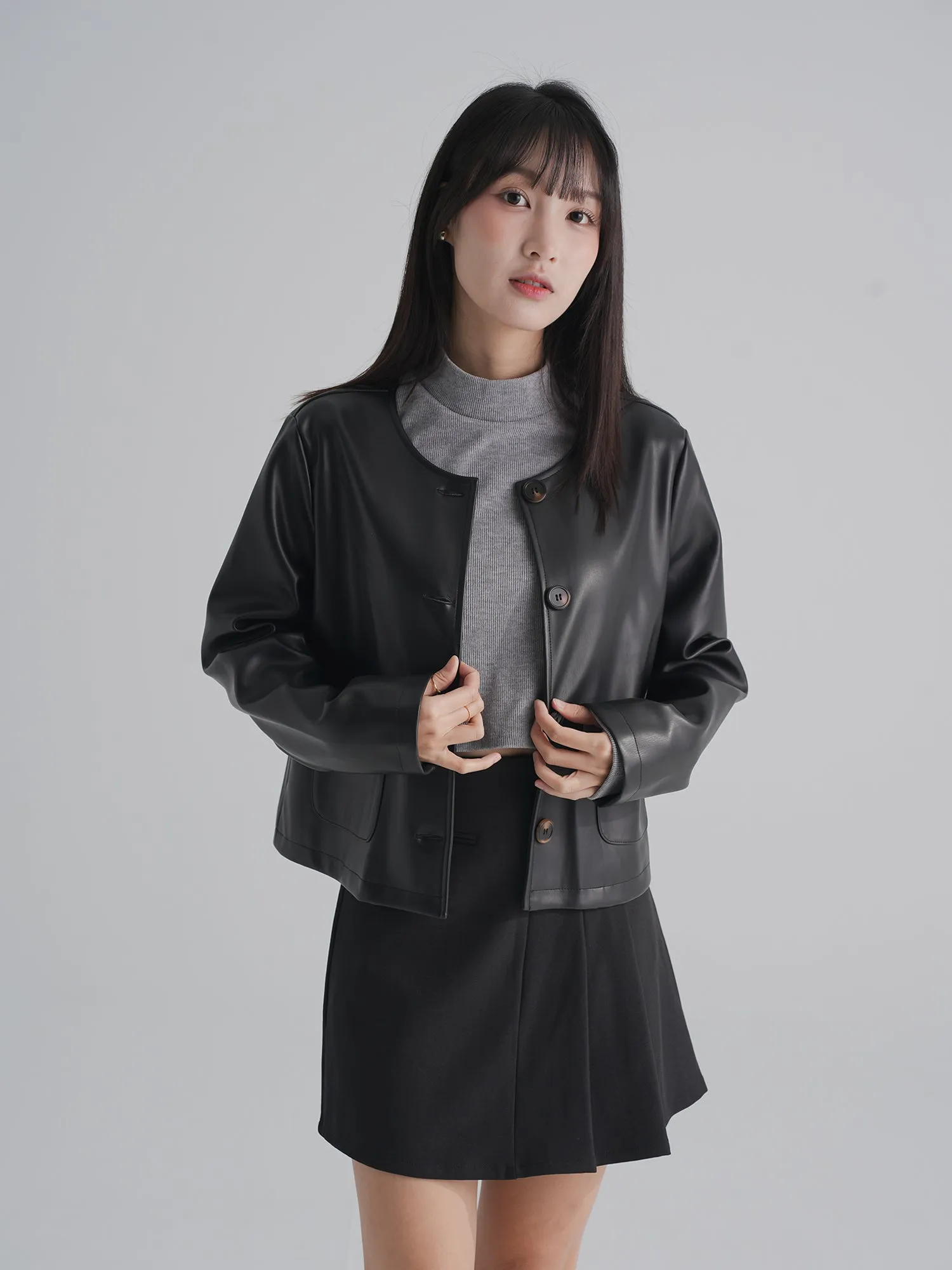 Rosie Round Neck Vegan Leather Jacket