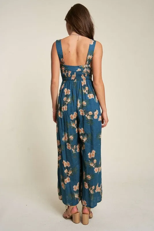 Smocked Bodice Floral Jumpsuit