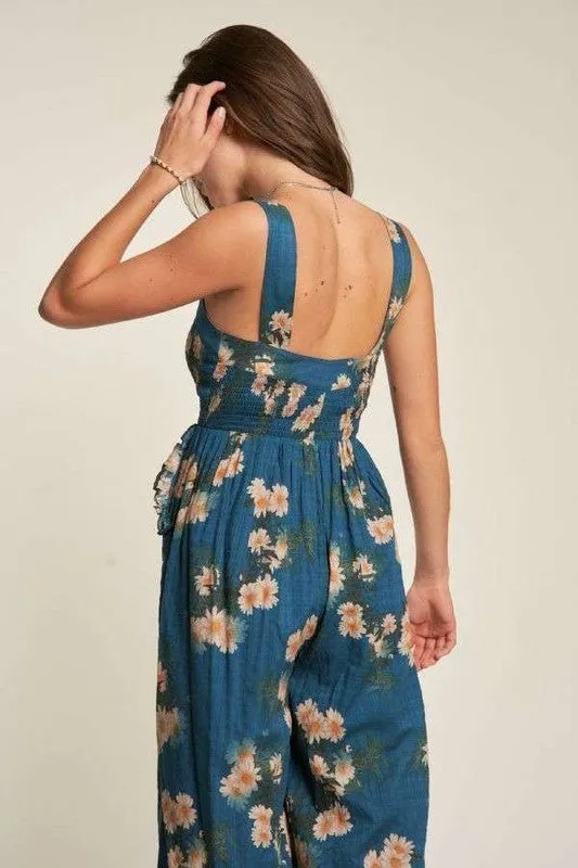 Smocked Bodice Floral Jumpsuit