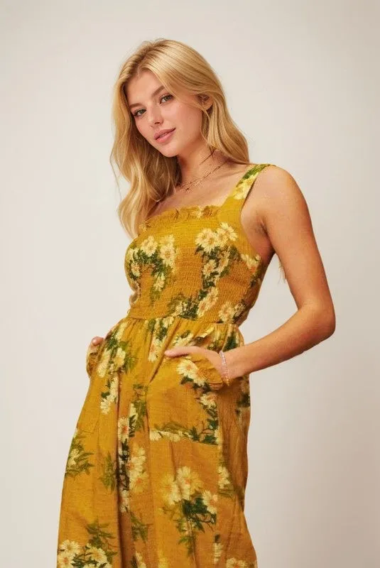 Smocked Bodice Floral Jumpsuit