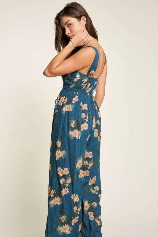 Smocked Bodice Floral Jumpsuit