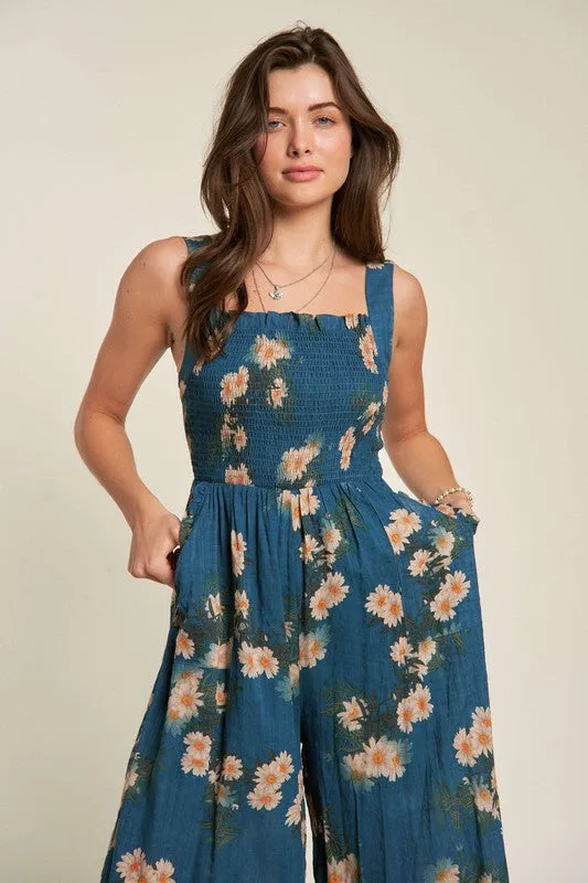 Smocked Bodice Floral Jumpsuit
