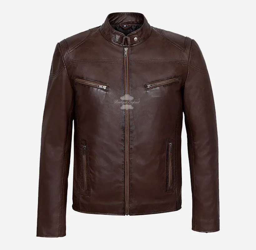 SPEED MEN'S LEATHER Biker JACKET Brown CLASSIC RETRO FASHION JACKET