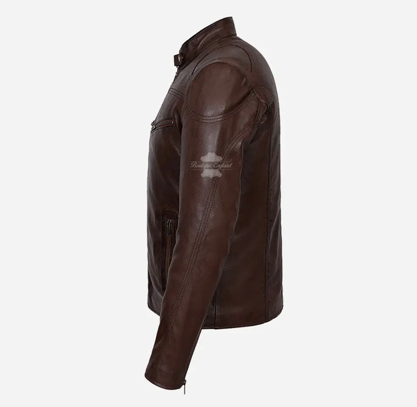 SPEED MEN'S LEATHER Biker JACKET Brown CLASSIC RETRO FASHION JACKET