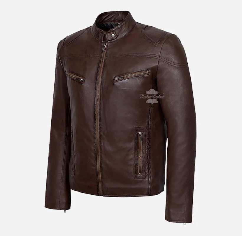 SPEED MEN'S LEATHER Biker JACKET Brown CLASSIC RETRO FASHION JACKET
