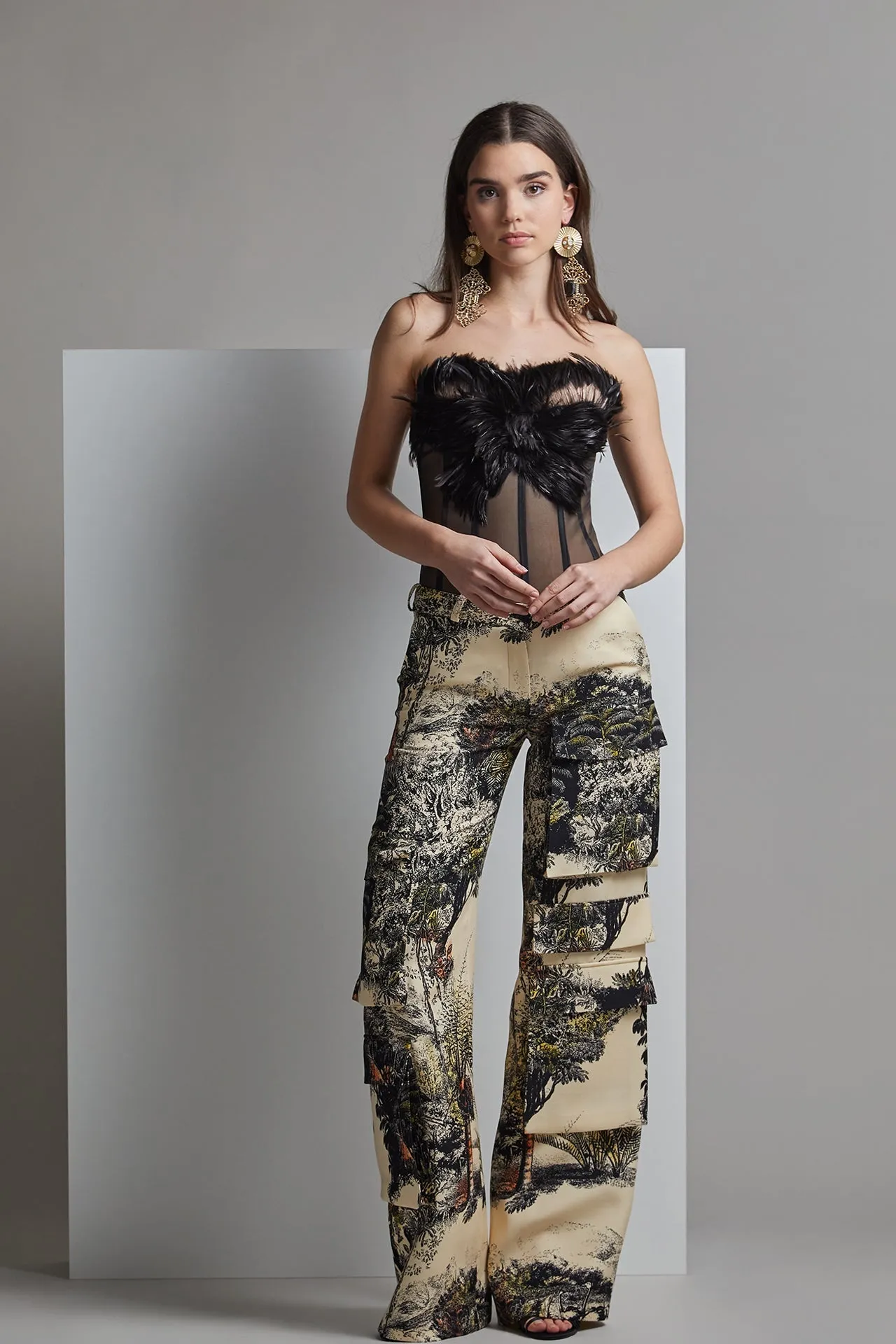 Strapless Corset with Printed Flared Pants