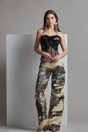 Strapless Corset with Printed Flared Pants